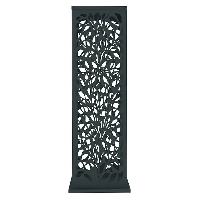 Westmann Kaminholzregal - 37,5 x 37,5 x 112 cm, Stahl, Anthrazit, Luma Flow - Dunkelgrauer Metall-Sichtschutz mit filigranem lasergeschnittenem Baumdesign.