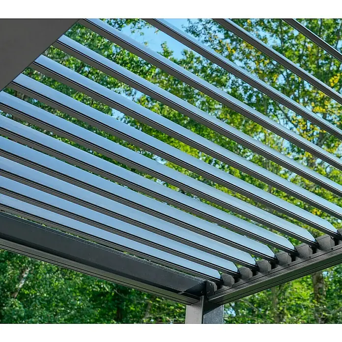 Sojag Terrassenüberdachung Hana - Metall, Schwarz, L x B x H: 305,3 x 399,4 x 270,1 cm - Dunkelgraues Lamellen-Pergoladach mit verstellbaren Lamellen.