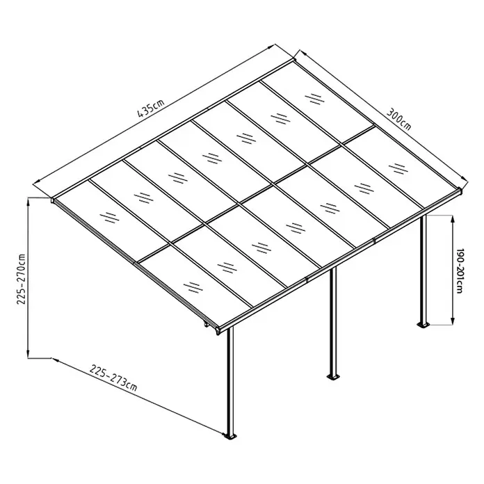 Westmann Terrassenüberdachung Bruce - Metall, Weiß, L x B x H: 300 x 435 x 270 mm - Technische Zeichnung eines verstellbaren Terrassendachs oder Carports mit geneigtem Paneeldach.