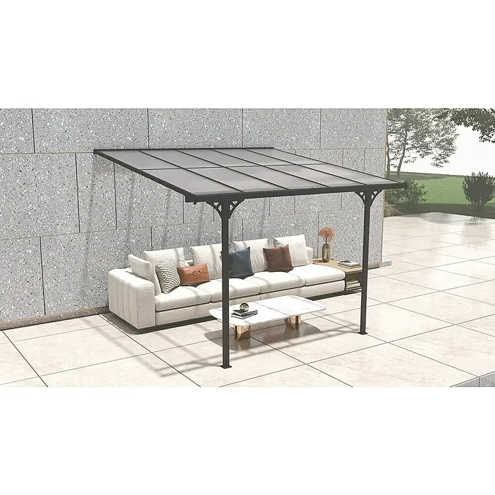 Westmann Terrassenüberdachung Bruce - L x B x H: 300 x 313 x 270 cm, Schwarz - Dunkles Vordach mit lichtdurchlässigen Dachplatten, an einer gesprenkelten Wand befestigt und von zwei Pfosten gestützt, über einem Sitzbereich.