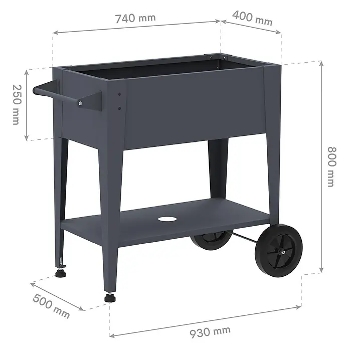Westmann Hochbeet Mobila - 50 x 93 x 80 cm, Metall, Anthrazit - Dunkelgraues mobiles Hochbeet aus Metall mit Griff, Rollen und einer unteren Ablagefläche.