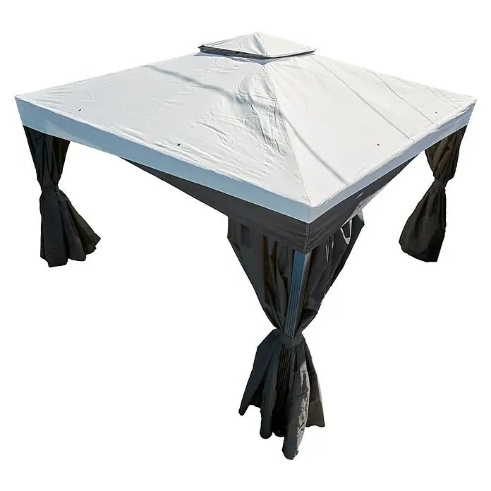Sojag Standard-Pavillon Malta 1014 - L x B: 305 x 430 cm - Outdoor-Pavillon mit weißem Dach und dunkelgrauen, hochgebundenen Vorhängen.