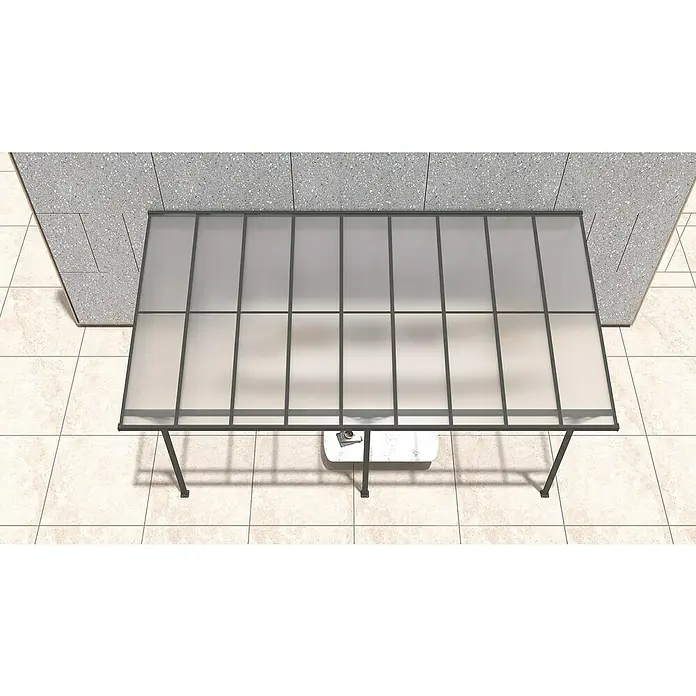 Westmann Terrassenüberdachung Bruce - L x B x H: 300 x 556 x 270 cm, Schwarz - Draufsicht auf ein modernes, transluzentes Terrassendach mit dunklem Rahmen über einem kleinen weißen Tisch.