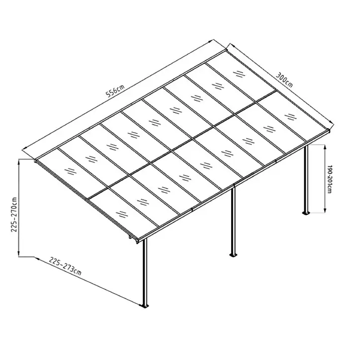 Westmann Terrassenüberdachung Bruce - L x B x H: 300 x 556 x 270 cm, Schwarz - Technische Zeichnung eines rechteckigen Carports/Terrassenüberdachung mit transparenten Dachplatten und verstellbaren Metallstützen, Maße 556x300cm.