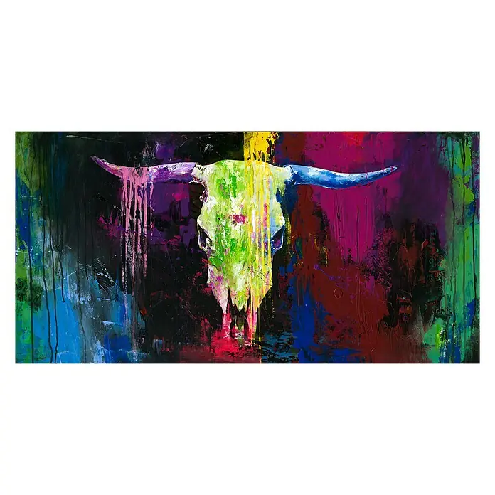 Handgemaltes Bild Handgemalt - Colourful Bull I, B x H: 120 x 60 cm - Farbiges Gemälde eines Stierschädels. Das Kunstwerk zeigt leuchtende Farben, die auf eine abstrakte und moderne Weise aufgetragen wurden.