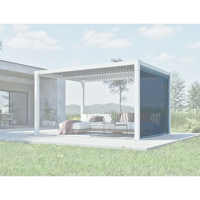 Seitenelement - 369 x 213 cm, Hellgrau, Passend für: Hana 1013 (lange Seite) - Weiße Pergola mit verstellbaren Lamellen und dunklem Seitenrollo, die einen stilvollen Outdoor-Loungebereich schafft.