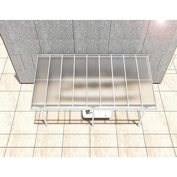 Westmann Terrassenüberdachung Bruce - Metall, Weiß, L x B x H: 300 x 556 x 270 mm - Weiß gerahmter Überdachung mit lichtdurchlässigen Wellplatten, die einen Außenschutz über einem kleinen Tisch bietet.