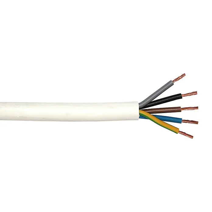 Schlauchleitung H05VV-F 5G1,5 mm² - H05VV-F, Anzahl Adern: 5, 1,5 mm², 10 m, Weiß - Ein Kabel mit mehreren farbigen Adern und einem weißen Mantel, freiliegenden Kupferleitern. Ideal für Elektroinstallationen.