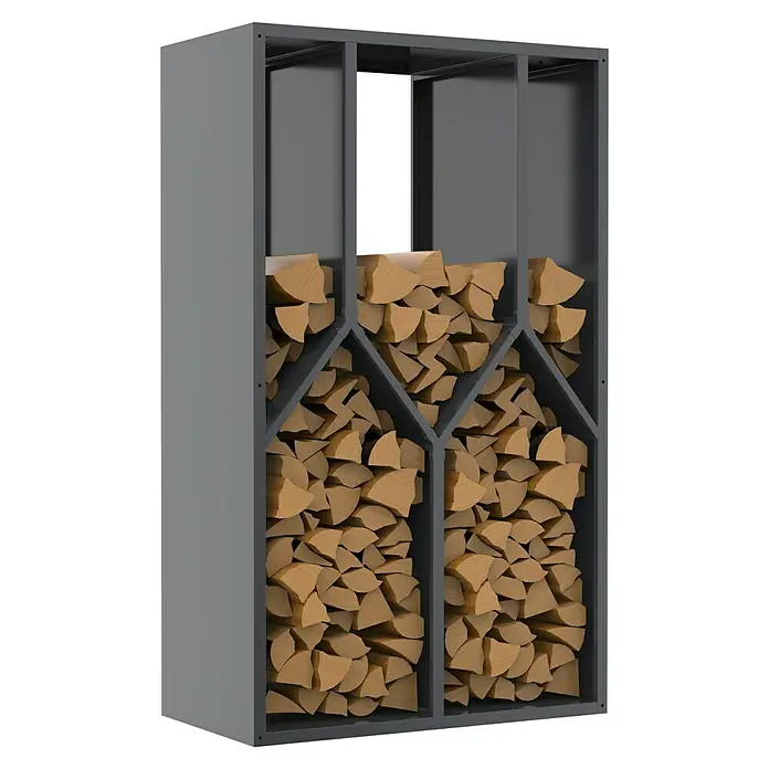 Westmann Kaminholzregal - 50 x 95 x 160 cm, Stahl, Anthrazit, Castra B - Graues Metall-Brennholzregal, gefüllt mit gestapeltem Kaminholz.