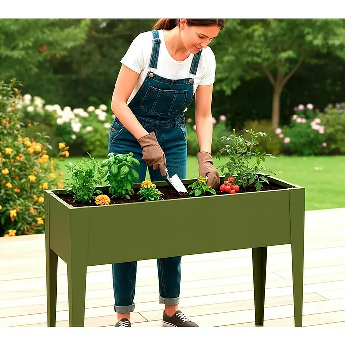 Westmann Hochbeet Vedura - 30 x 100 x 80 cm, Metall, Olivgrün - Grünes Hochbeet auf Beinen, mit verschiedenen Pflanzen, von einer Frau in einem Garten gepflegt.
