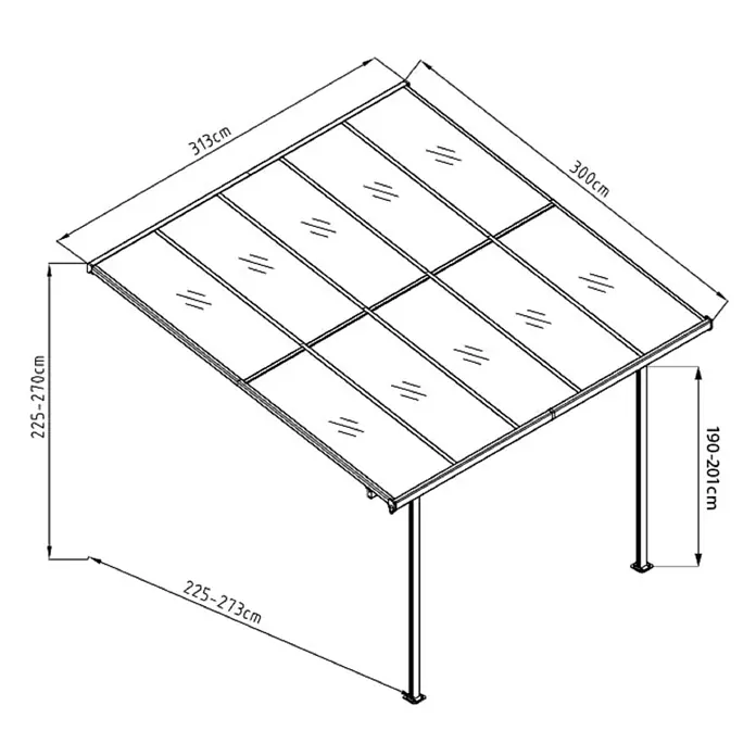 Westmann Terrassenüberdachung Bruce - L x B x H: 300 x 313 x 270 cm, Schwarz - Technische Zeichnung einer verstellbaren Terrassenüberdachung mit Schrägdach, zeigt Maße: Dach 313x300cm, Höhe 190-270cm, Tiefe 225-273cm.