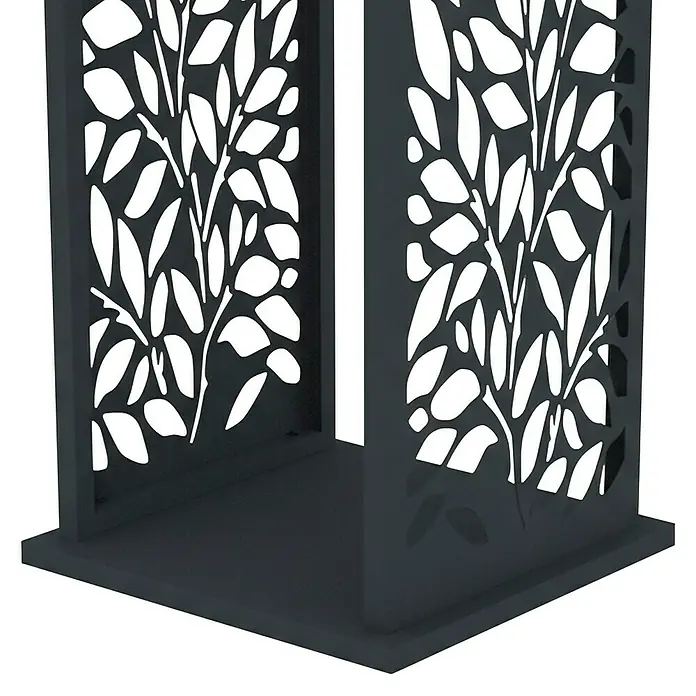 Westmann Kaminholzregal - 37,5 x 37,5 x 112 cm, Stahl, Anthrazit, Luma Flow - Dunkelgraues dekoratives Eckpanel mit aufwendigem Blättermuster.