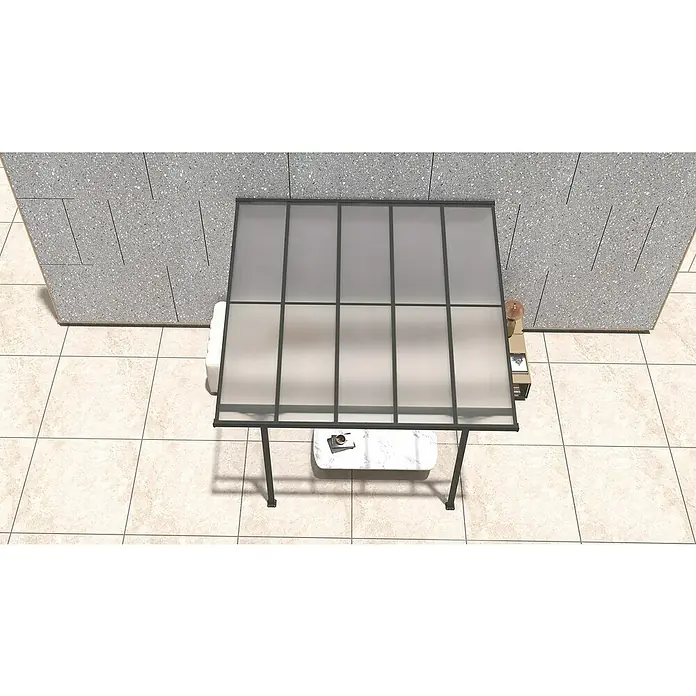 Westmann Terrassenüberdachung Bruce - L x B x H: 300 x 313 x 270 cm, Schwarz - Dunkelgerahmte Pergola mit lichtdurchlässigem Lamellendach, spendet Schatten über Sofa und Couchtisch im Freien.