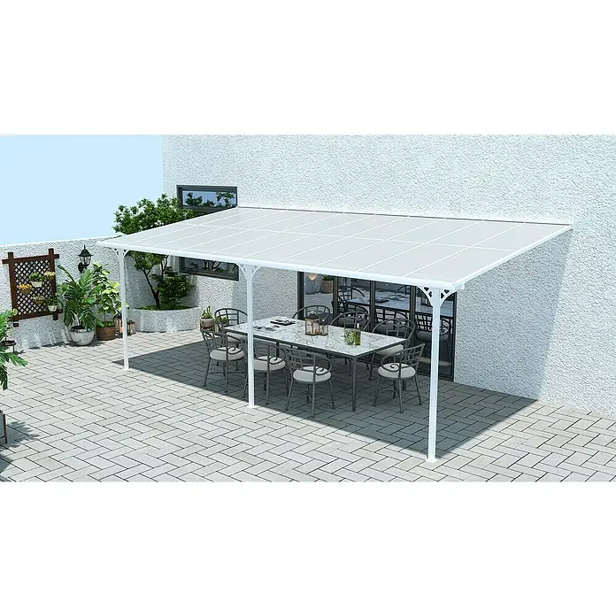 Westmann Terrassenüberdachung Bruce 617 - L x B x H: 300 x 617 x 270 cm, Weiß - Weiße Terrassenüberdachung mit lichtdurchlässigen Dachpaneelen über einem Essbereich im Freien am Haus.