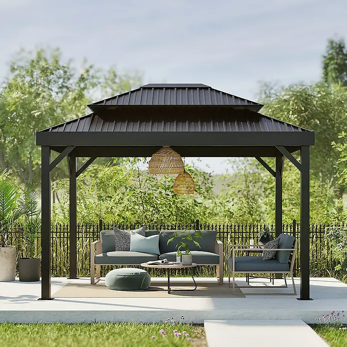 Sojag Standard-Pavillon London 1014 - L x B x H: 424,3 x 299,3 x 310 cm, Aluminium, Schwarz - Schwarzes Metallpavillon mit gestuftem Dach schützt Outdoor-Loungemöbel im Garten. Bietet einen komfortablen Schattenbereich.
