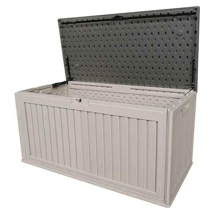Westmann Kissenbox Alba - 63 x 128 x 64 cm, Kunststoff, Beige - Hellbeige Kunststoff-Gartenbox mit geöffnetem Deckel, der den grauen Innenraum zeigt.