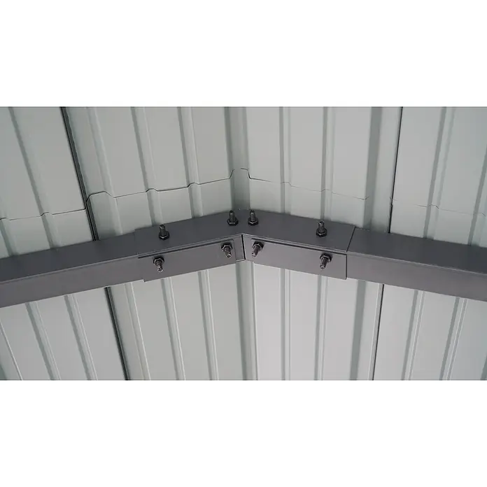 Westmann Carport Carport Kopenhagen L - Außenmaß inkl. Dachüberstand (B x T): 7,91 x 5,97 m, Doppelcarport, Grau - Heller, geriffelter Metall-Dachinnenraum mit dunkelgrauen Trägern, mittig verschraubt.