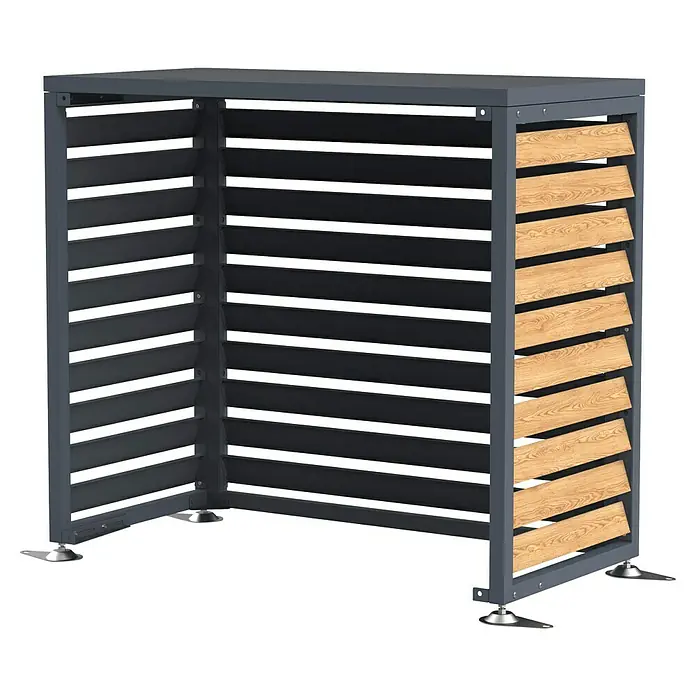 Westmann Verkleidung Boxa S - Ausführungseigenschaft: L 100 x B 56 x H 97 cm, Anthrazit mit Holzoptik - Außenklimaanlagen-Abdeckung mit dunkelgrauem Metallrahmen und Lamellenpaneelen in Dunkelgrau und hellem Holz.