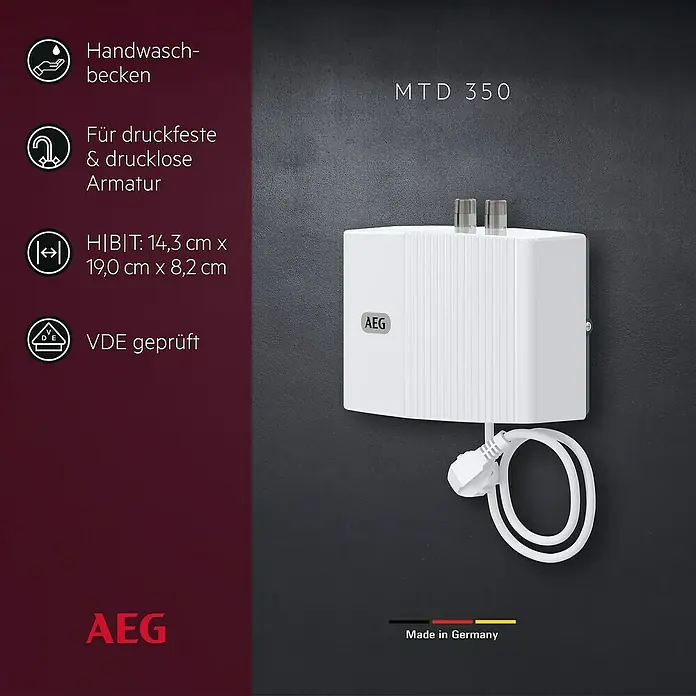 AEG Kleindurchlauferhitzer MTD 350 - 3,53 kW, Hydraulisch, Geschlossen - Weißer AEG MTD 350 kompakter Durchlauferhitzer für Handwaschbecken, mit Metallrohranschlüssen und aufgerolltem Netzkabel.