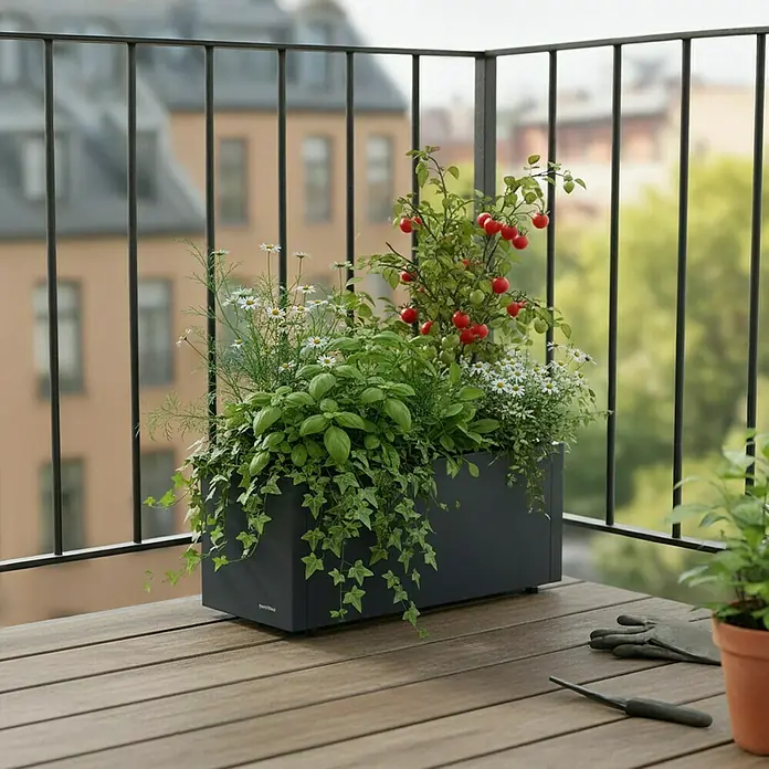 Herstera Garden Pflanzkasten Cube - Außenmaß (L x B x H): 60 x 25 x 25 cm, Metall, Anthrazit - Dunkelgrauer Pflanzkasten gefüllt mit Grünpflanzen und roten Kirschtomaten auf einem Holzbalkon.
