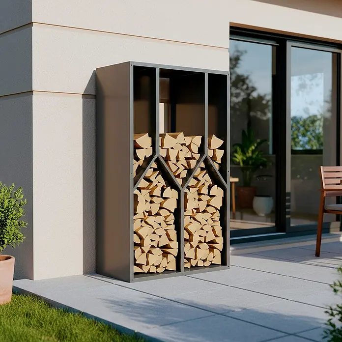Westmann Kaminholzregal - 50 x 95 x 160 cm, Stahl, Anthrazit, Castra B - Graues Metall-Brennholzlagerregal für den Außenbereich, gefüllt mit hellen Holzscheiten, neben einem modernen Haus auf einer Terrasse.