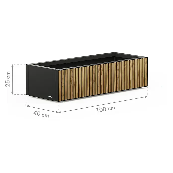 Herstera Garden Pflanzkasten Deco Planter - Außenmaß (L x B x H): 100 x 40 x 25 cm, Holz, Braun/Schwarz - Rechteckiger Pflanzkübel mit schwarzem Korpus und Holzlattenfront, 100x40x25 cm.