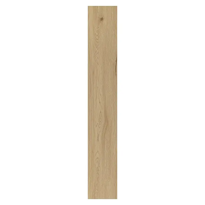 Vinylboden SPC XL - Eiche Arvada, Landhausdiele, 1.511 x 229 x 6,3 mm - Hellbraunes Holzpaneel mit natürlicher Maserung und kleinem Ast, geeignet für Boden- oder Wandverkleidung.