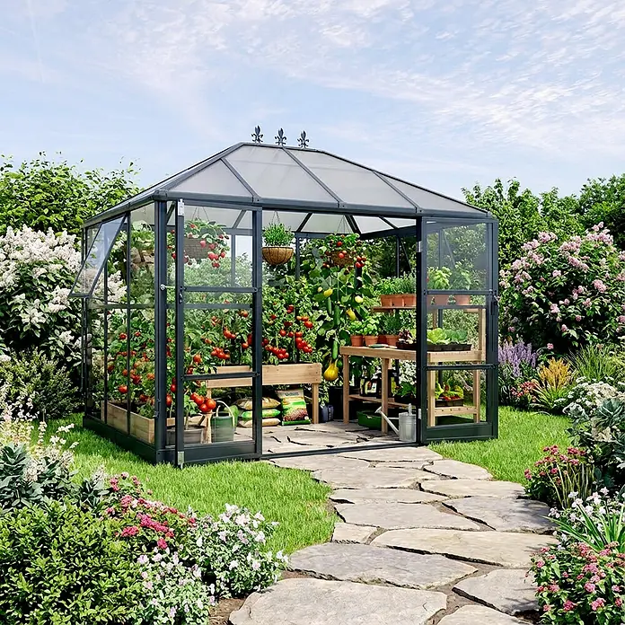 Westmann Gewächshaus Suprema M - Außenbreite inkl. Dachüberstand: 284 cm, Schwarz - Dunkelgraues Gewächshaus mit transparenten Paneelen in einem üppigen Garten, gefüllt mit Tomatenpflanzen, Kräutern und Gartenzubehör. Ein Steinpfad.