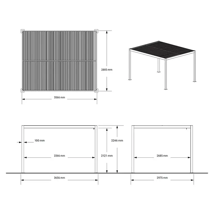 Sojag Standard-Pavillon Milo 1012 - B x H: 297,5 x 224,6 cm, Schwarz, Material Gestell: Stahl - Technische Zeichnung einer Pergola mit verschiedenen Ansichten und genauen Abmessungen in Millimetern, inklusive Draufsicht (3566x2885mm) und Höhen.