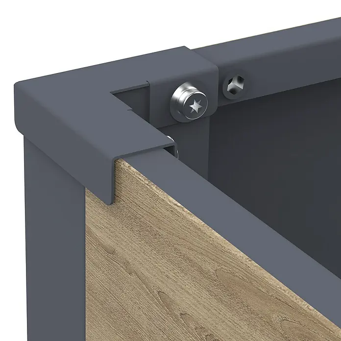 Westmann Pflanzkasten Talus M - Außenmaß (L x B x H): 100 x 25 x 27 cm, Metall, Braun - Nahaufnahme einer Möbel-Eckverbindung mit dunkelgrauem Metallrahmen und hellbraunem Holzpaneel, gesichert mit silbernen Schrauben mit Sternantrieb.
