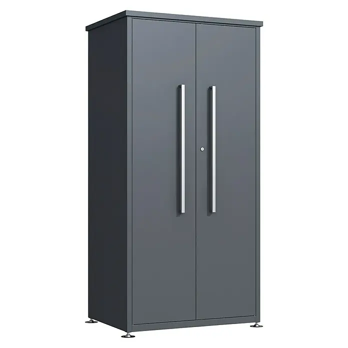 Westmann Gartenschrank - 65 x 90 x 187 cm, Anthrazit - Dunkelgrauer Metallschrank mit zwei Türen, langen silbernen Griffen, Schloss und verstellbaren Füßen zur vielseitigen Aufbewahrung.