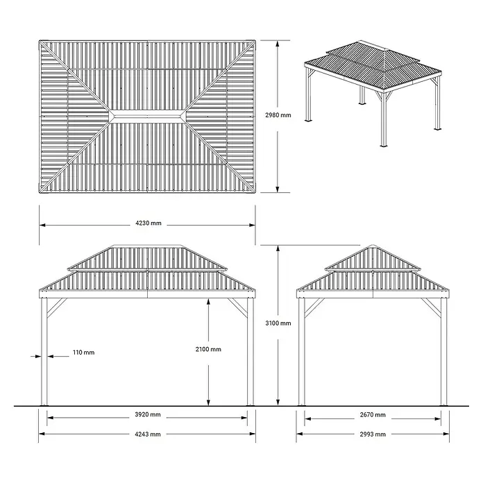 Sojag Standard-Pavillon London 1014 - L x B x H: 424,3 x 299,3 x 310 cm, Aluminium, Schwarz - Technischer Zeichnung eines rechteckigen Pavillons mit zweistufigem, belüftetem Dach und vier Stützpfosten, mit Ansichten und Maßen.