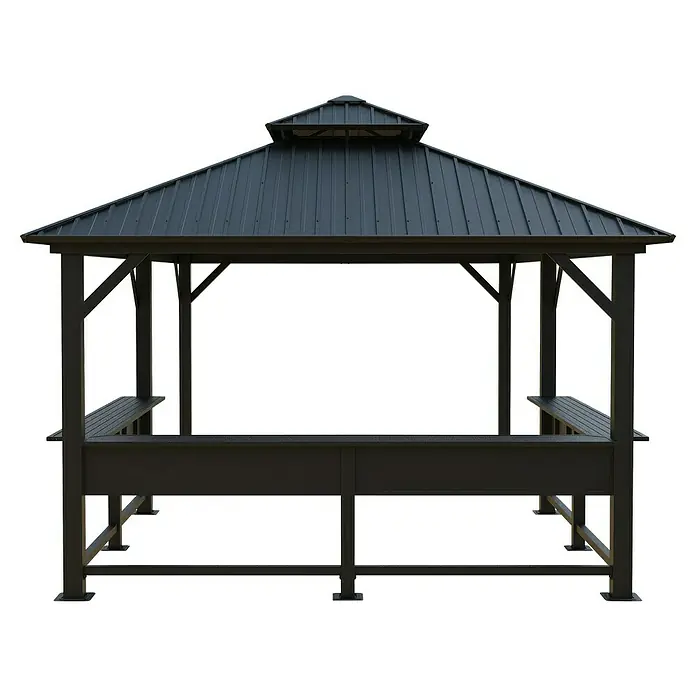 Sojag Standard-Pavillon Bondi 1220 - Schwarz, Metall, L x B x H: 598,7 x 363,8 x 307 cm - Dunkelgrauer Metallpavillon mit Wellblechdach und integrierten Bänken.