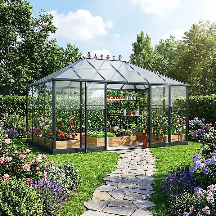 Westmann Gewächshaus Suprema XL - Außenbreite inkl. Dachüberstand: 421 cm, Schwarz - Großes Gewächshaus mit dunkelgrauem Rahmen in einem üppigen Garten, gefüllt mit Pflanzen, mit einem Steinweg zum Eingang.
