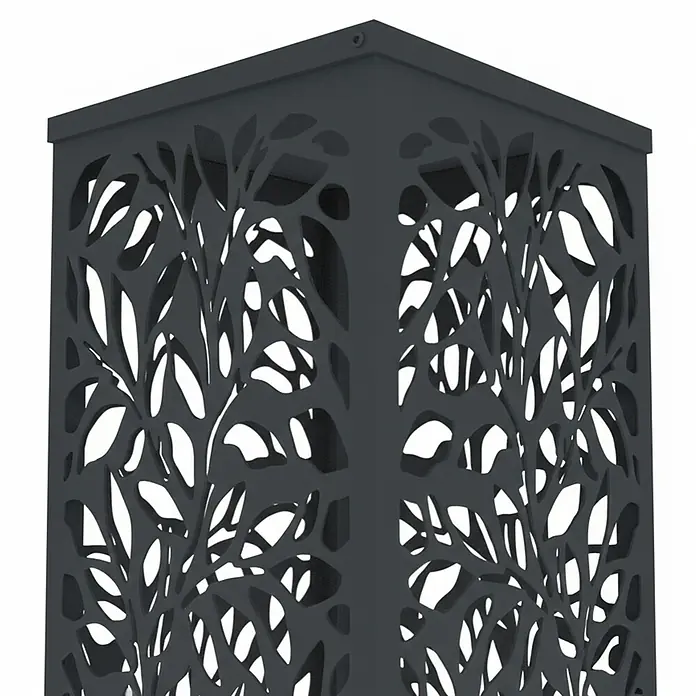 Westmann Kaminholzregal - 37,5 x 37,5 x 112 cm, Stahl, Anthrazit, Luma Flow - Dunkelgraue Metall-Pfostenleuchte mit dekorativen Blattausschnitten.