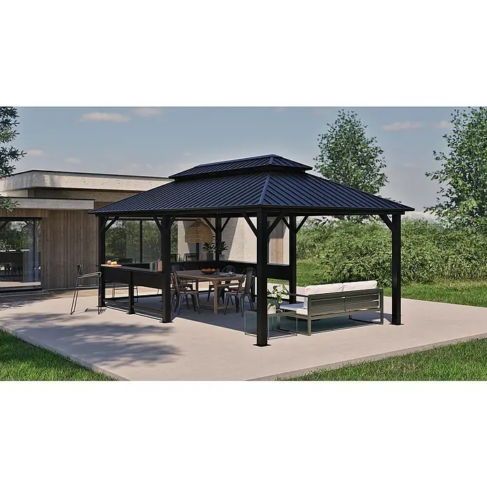 Sojag Standard-Pavillon Bondi 1220 - Schwarz, Metall, L x B x H: 598,7 x 363,8 x 307 cm - Schwarzer Metall-Pavillon mit Wellblechdach, überdacht einen Ess- und Loungebereich auf der Terrasse.