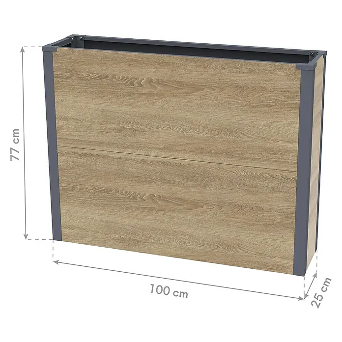 Westmann Pflanzkasten Talus XL - Außenmaß (L x B x H): 100 x 25 x 77 cm, Metall, Braun - Rechteckiger Pflanzkübel mit Holzdekorplatten und dunkelgrauem Metallrahmen. Maße: 100x77x25 cm.