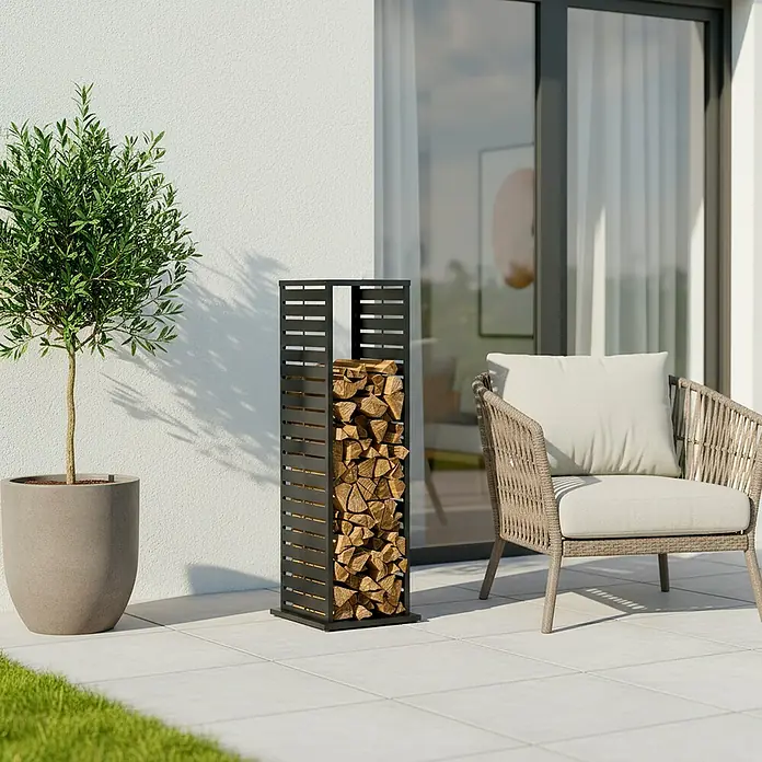 Westmann Kaminholzregal - 37,5 x 37,5 x 112 cm, Stahl, Anthrazit, Luma Lane - Hoher, schwarzer Lamellen-Brennholzhalter aus Metall, gefüllt mit Holzscheiten, steht auf einer Terrasse neben einem Gartenstuhl.