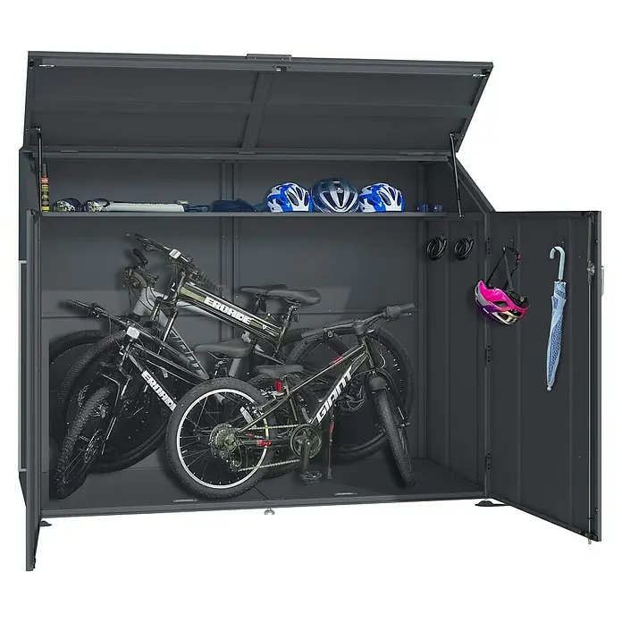 Westmann Fahrradgarage Linea - Anthrazit - Dunkelgrauer Metall-Fahrradschuppen mit geöffneter Oberseite und Front, zur Aufbewahrung von Fahrrädern, Helmen und Zubehör.