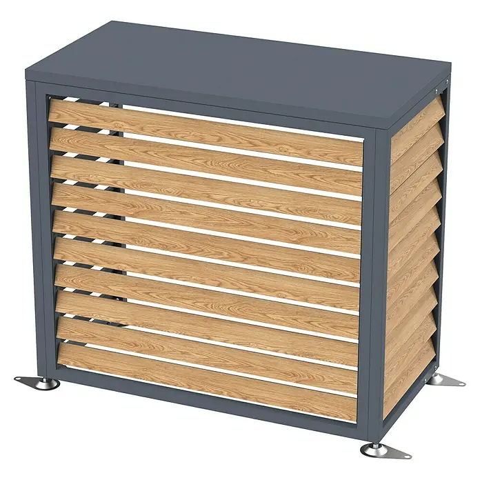Westmann Verkleidung Boxa S - Ausführungseigenschaft: L 100 x B 56 x H 97 cm, Anthrazit mit Holzoptik - Graue Klimaanlagenabdeckung aus Metall mit Holzlamellen, für Außengeräte.
