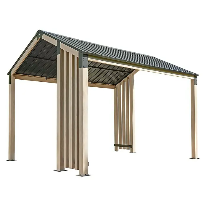 Sojag Standard-Pavillon Lito 1012 - L x B x H: 368,4 x 298 x 296 cm, Natur/Schwarz, Aluminium - Carport aus hellem Holz mit Lamellenwänden und dunklem Wellblechdach.