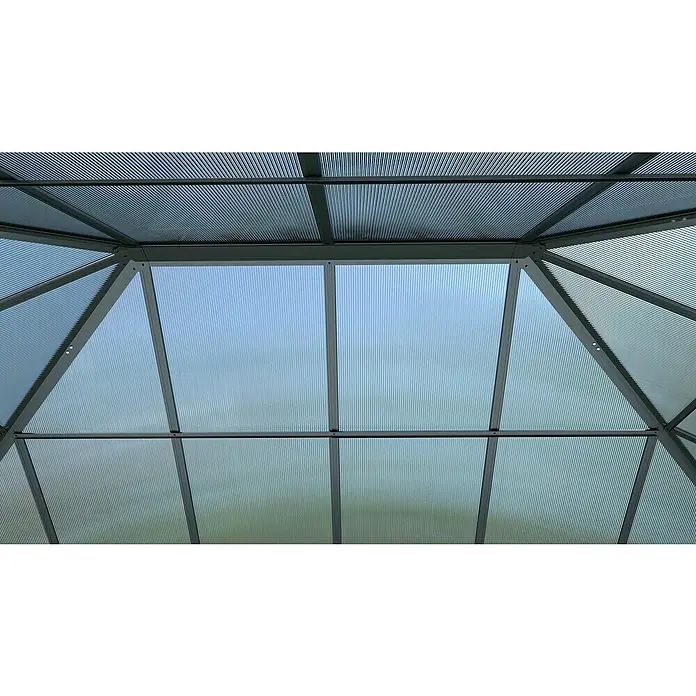 Westmann Gewächshaus Suprema M - Außenbreite inkl. Dachüberstand: 284 cm, Schwarz - Graue Metallrahmen-Dachkonstruktion mit durchscheinenden gerippten Platten für diffuses Licht.