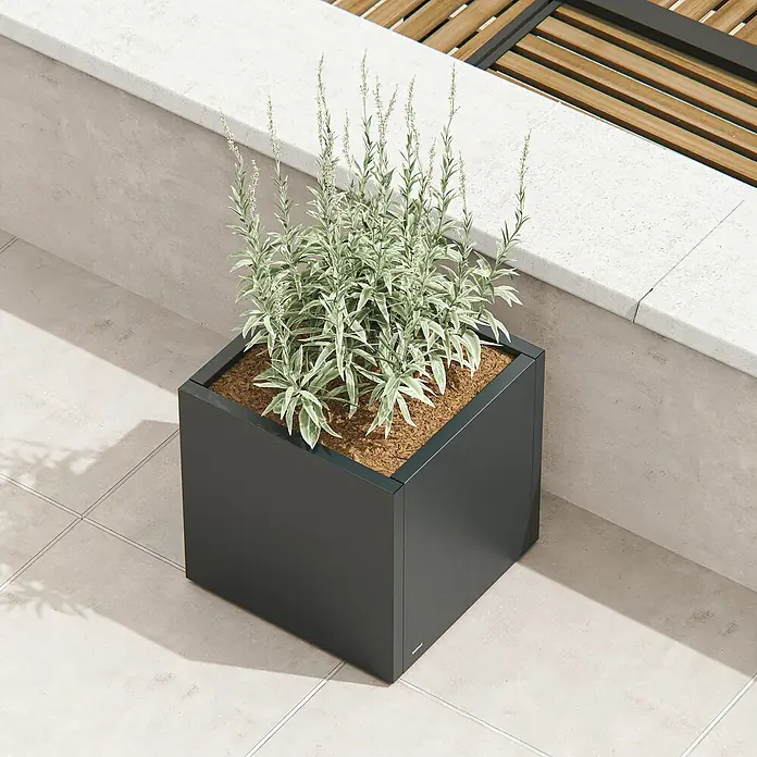 Herstera Garden Pflanzkasten Cube - Außenmaß (L x B x H): 60 x 60 x 60 cm, Metall, Anthrazit - Dunkelgrauer quadratischer Pflanzkübel mit panaschierten Pflanzen auf einer Terrasse, an Betonwand & Holzbank.