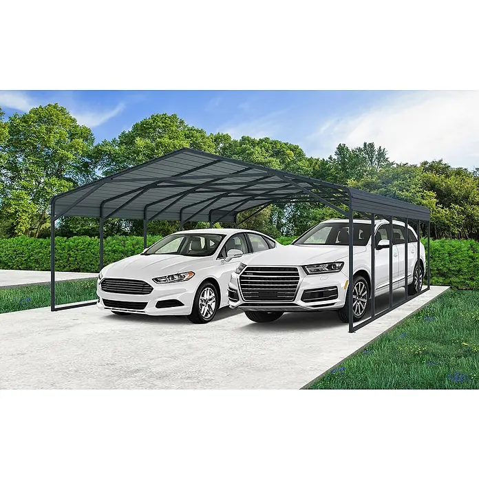 Westmann Carport Carport Kopenhagen L - Außenmaß inkl. Dachüberstand (B x T): 7,91 x 5,97 m, Doppelcarport, Grau - Graues Metallcarport mit Wellblechdach, das zwei weiße Autos auf einer Betonauffahrt im Freien schützt.