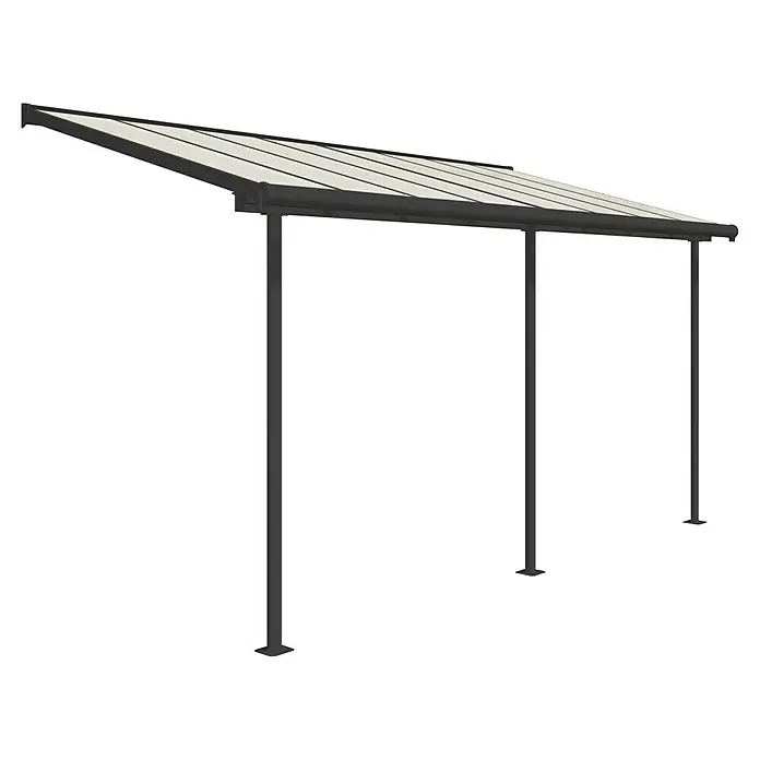 Palram – Canopia Terrassenüberdachung - B x T: 447,5 x 228 cm - Moderne dunkelgraue Terrassenüberdachung mit hellen, lichtdurchlässigen Dachplatten und drei Stützpfosten.