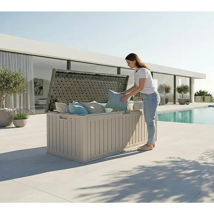 Westmann Kissenbox Alba - 63 x 128 x 64 cm, Kunststoff, Beige - Beige Outdoor-Aufbewahrungsbox mit perforiertem Deckel, gefüllt mit Kissen auf einer Terrasse. Eine Frau legt ein Kissen hinein.