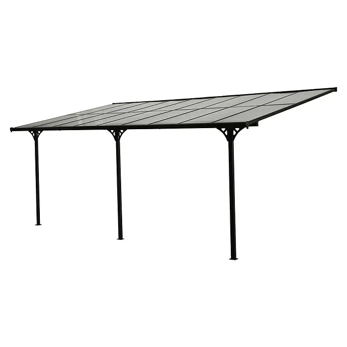 Westmann Terrassenüberdachung Bruce - L x B x H: 300 x 556 x 270 cm, Schwarz - Schwarzes Metallvordach mit lichtdurchlässigen Dachplatten und drei Stützpfosten.
