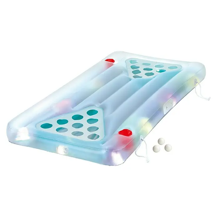 Luftmatratze Aqua Glow Bierpong - L x B x H: 160 x 84 x 19 cm, Polyester - Aufblasbare weiße Poolliege mit zwei dreieckigen Becherhaltern, Innenbeleuchtung, roten Akzenten und drei weißen Bällen.