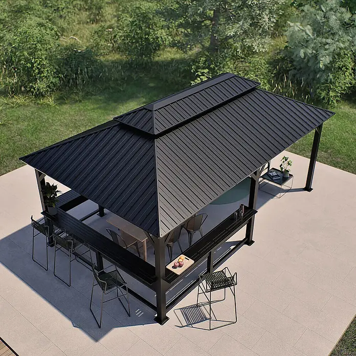 Sojag Standard-Pavillon Bondi 1220 - Schwarz, Metall, L x B x H: 598,7 x 363,8 x 307 cm - Modernes schwarzes Metallpavillon mit Wellblechdach und integrierter Bar mit Hockern auf einer Terrasse.
