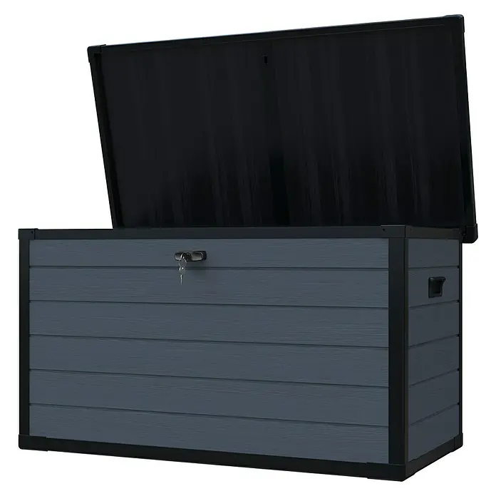 Westmann Kissenbox Silva - 74 x 150 x 66 cm, Kunststoff, Grau - Dunkelgraue Kunststoff-Gartenbox mit strukturierter Oberfläche und geöffnetem Deckel, Schloss mit Schlüssel sichtbar.